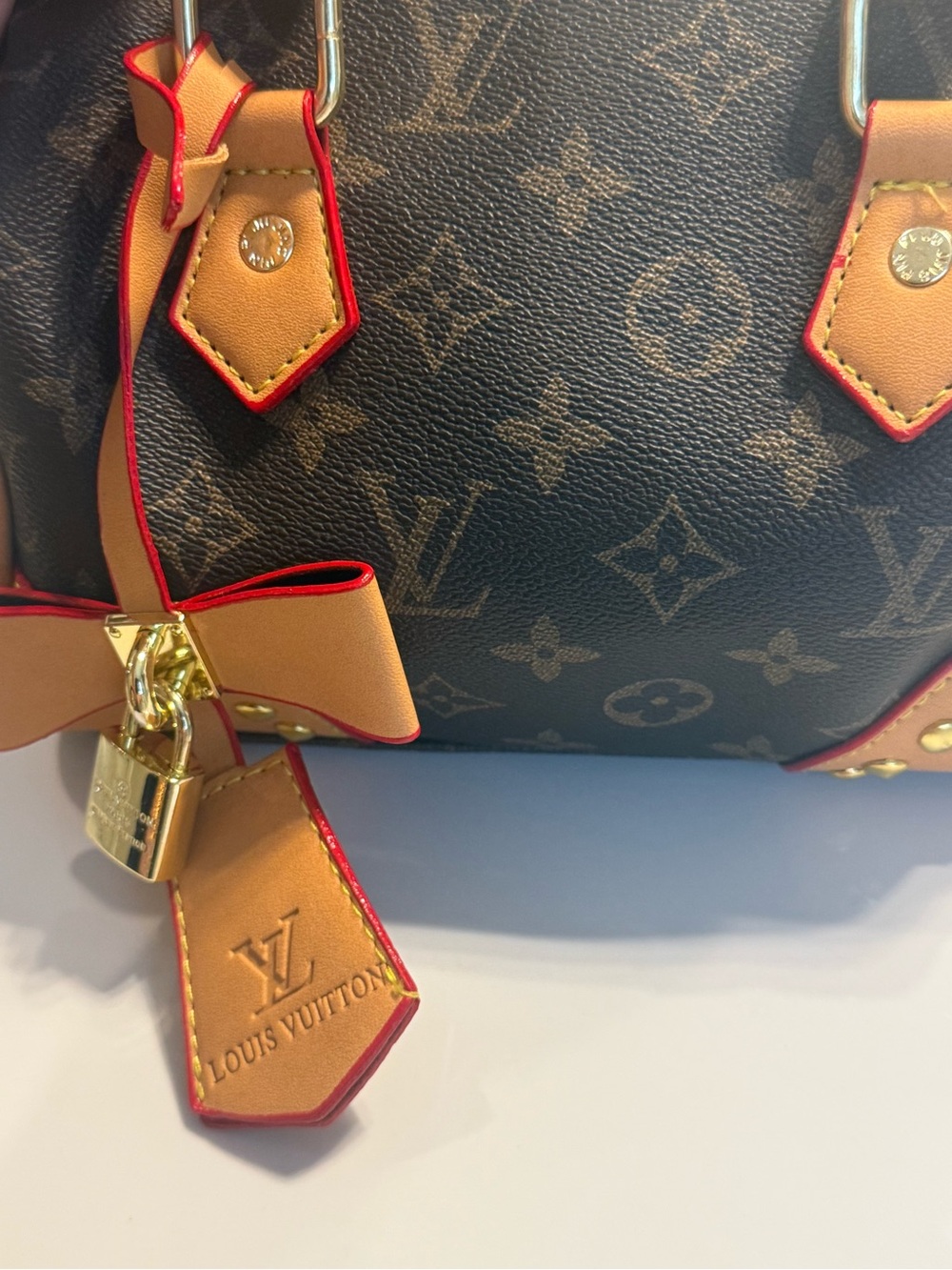 LV Monogram Canvas Tote in Brown with Tan and Red Trim